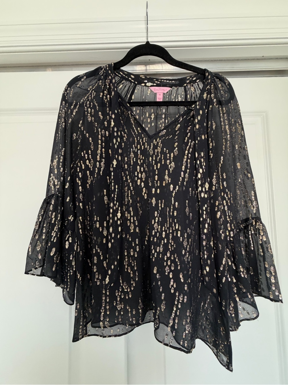 Lilly Pulitzer Black Sheer Blouse with Gold Metallic Print